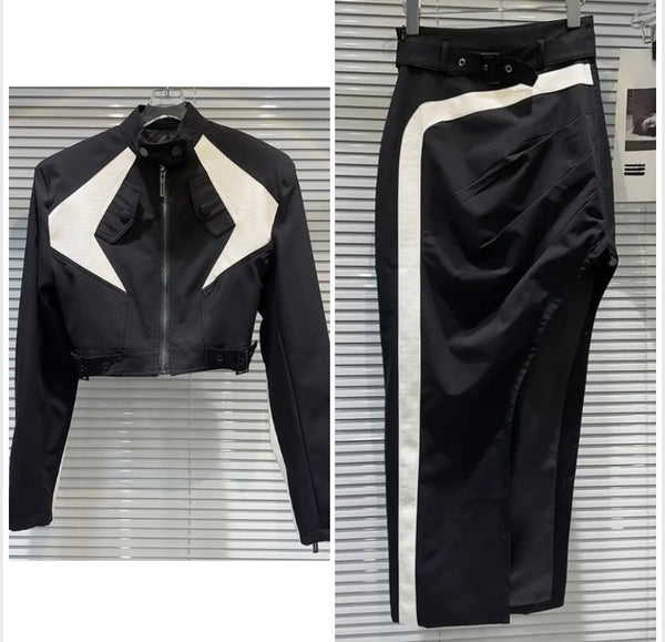 Women Sexy Fashion Two Piece Color Patchwork Jacket Skirt Set