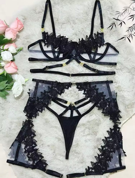 Women Black Sexy Lace Mesh Cut Out G-String Lingerie Set