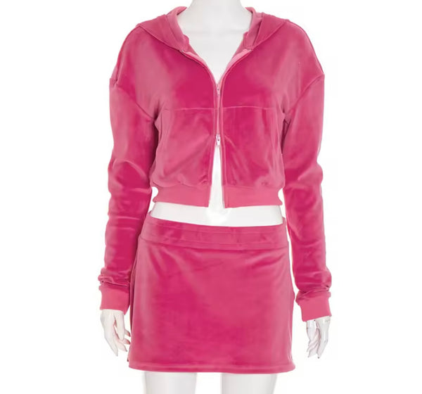 Women Pink Hooded Zip Up Full Sleeve Velour Two Piece Skirt Set