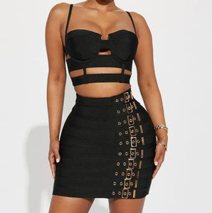 Women Sexy Sleeveless Buckled Bandage Two Piece Skirt Set