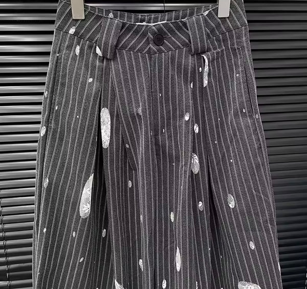Women Gray Pinstriped Lace Patchwork Fashion Pants