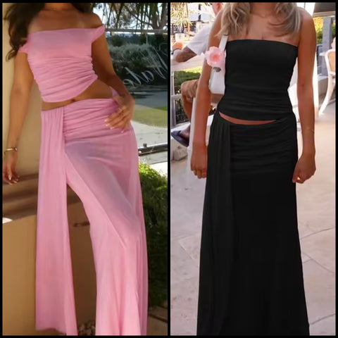 Women Off The Shoulder Solid Color Tassel Two Piece Maxi Skirt Set
