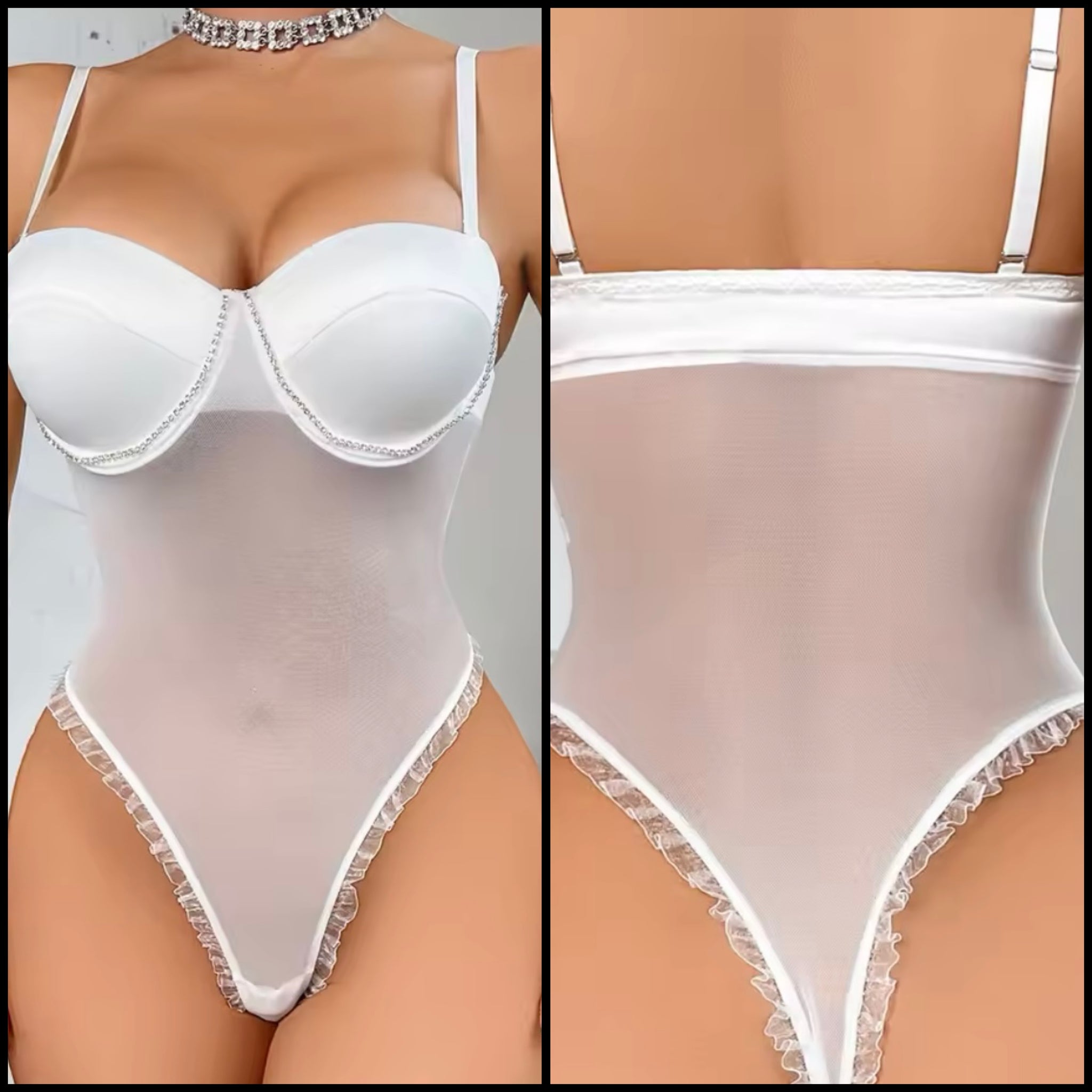 Women Sexy White Bling Mesh Bodysuit Lingerie