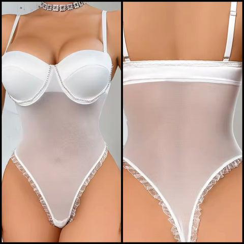 Women Sexy White Bling Mesh Bodysuit Lingerie