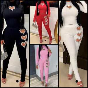 Women Fashion Full Sleeve Bling Cut Out Heart Two Piece Pant Set