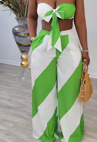 Women Sexy Tie Up Strapless Color Patchwork Two Piece Pant Set