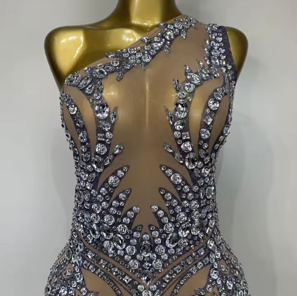 Women Sexy Mesh One Shoulder Sleeveless Rhinestone Maxi Dress