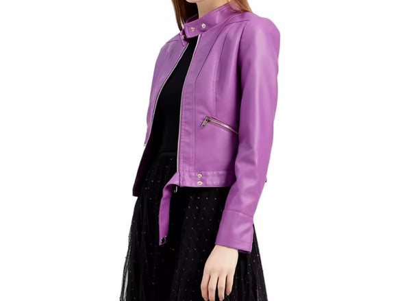 Women Color Zip Up Faux Leather Jacket