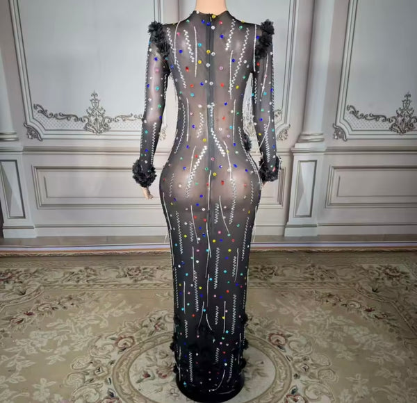 Women Sexy Black Multicolored Rhinestone Mesh Maxi Dress