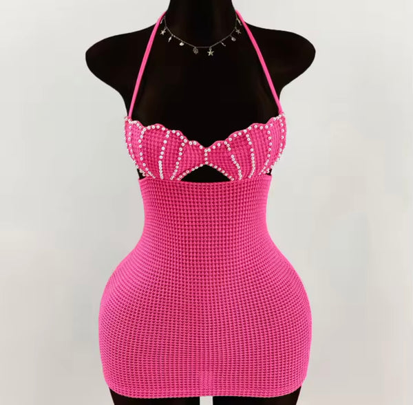 Women Sexy Sleeveless Pearl Halter Crochet Dress