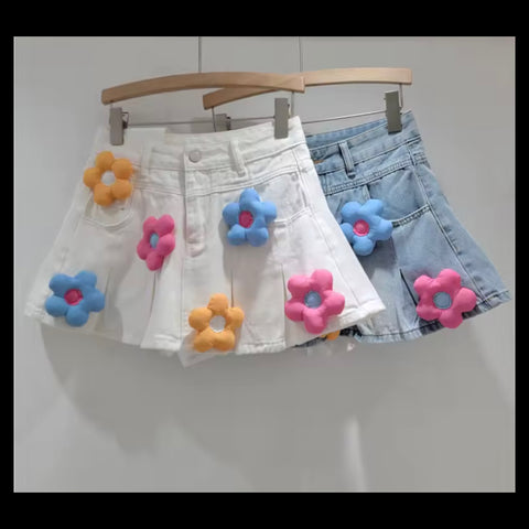 Women Fashion 3D Floral Patchwork Denim Pleated Skirt