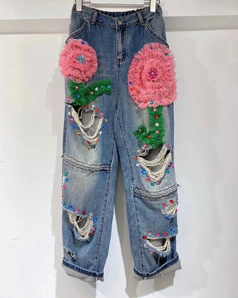 Women Fashion Ripped Tulle Gem Denim Pants