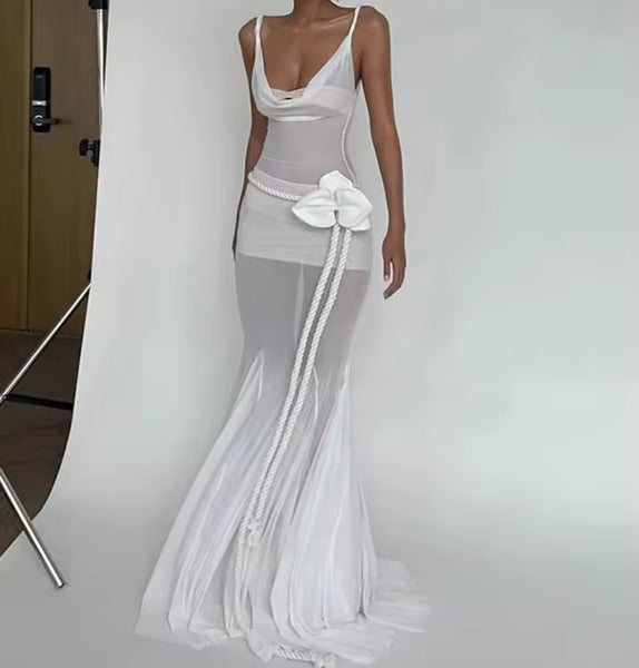 Women Sexy Sleeveless White Mesh Maxi Dress