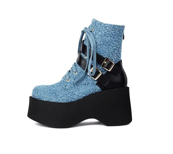 Women Fashion Color Patchwork Buckled Platform Ankle Boots