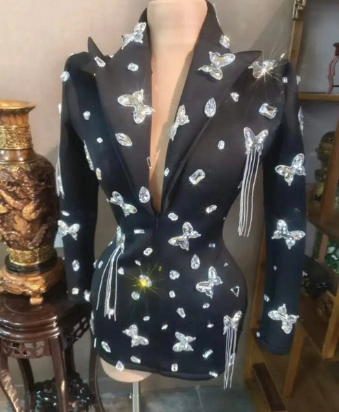 Women Crystal Bling Butterfly Sexy Full Sleeve Blazer Dress