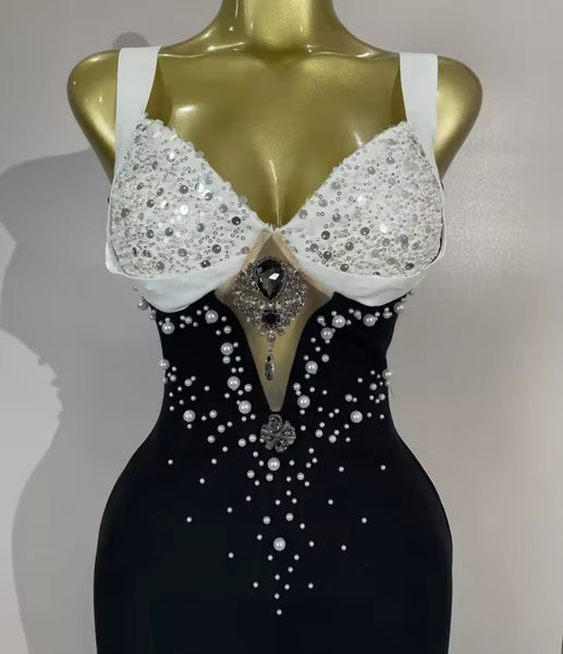 Women Sexy B&W Beaded Bling Sleeveless Maxi Dress
