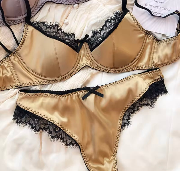 Women Sexy Satin Lace Bow Lingerie Set