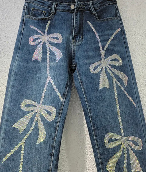 Women Fashion Bling Bow Denim Pants