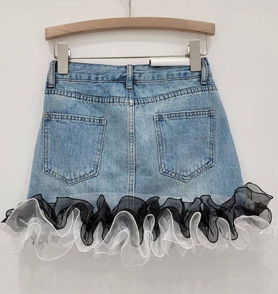 Women Fashion Ruffled Mesh Denim Skirt
