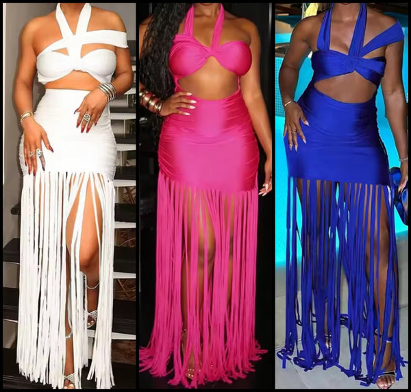 Women Sexy Halter Sleeveless Cut Out Fringe Tassel Maxi Dress