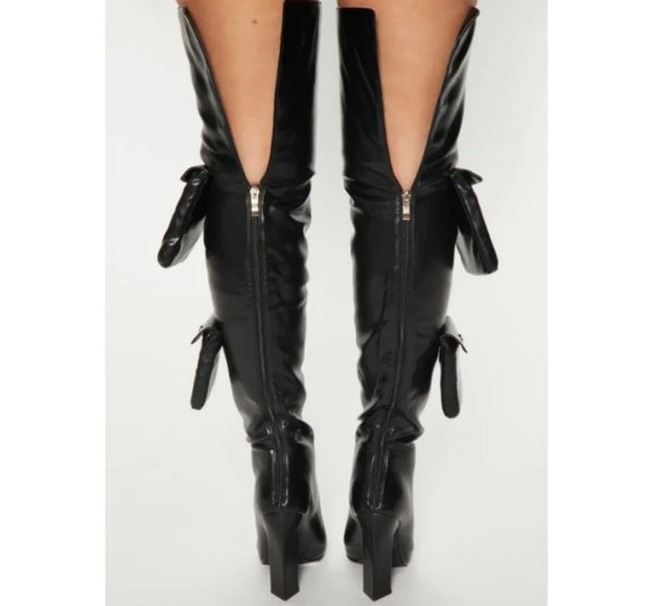 Women Black Faux Leather Pocket Fashion Over The Knee Boots