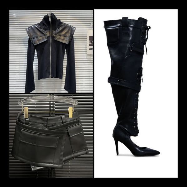 Women Fashion Black Buckled Lace Up Faux Leather Knee High Boots