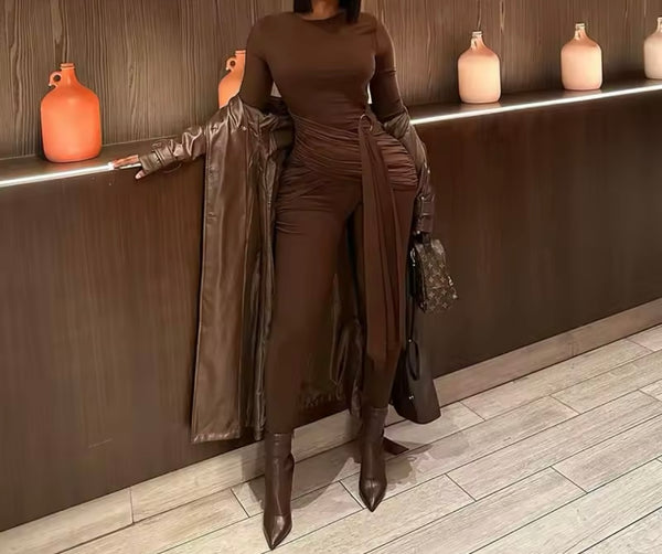 Women Brown Sexy Full Sleeve Jumpsuit