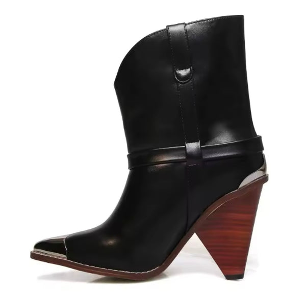 Women Fashion Metal Pointed Toe Ankle Western Boots