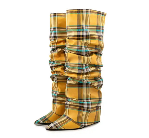 Women Fashion Color Plaid Wedge Platform Ruched Knee High Boots