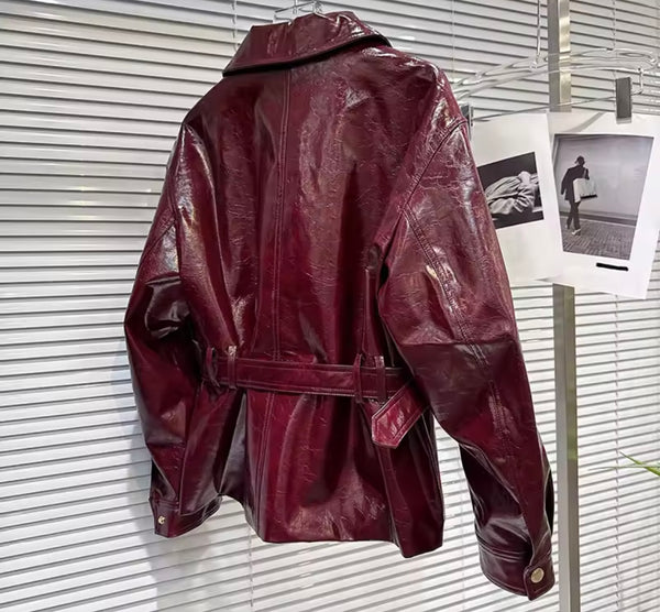 Women Faux Leather Zip Up Belted Fashion Jacket