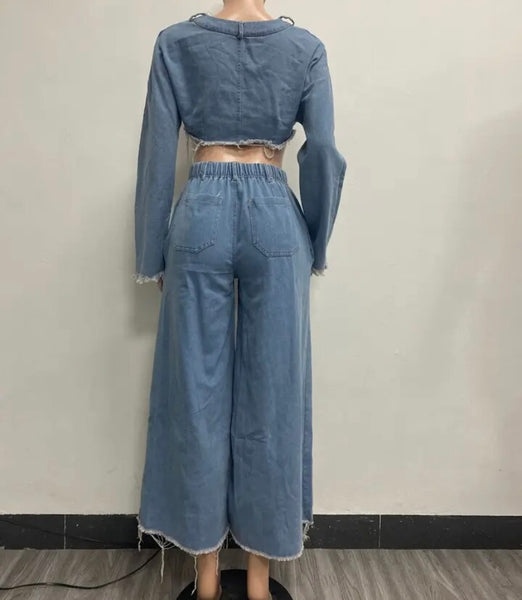 Women Fashion Drawstring Denim Two Piece Pant Set