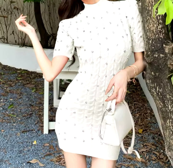 Women Fashion Bling Knitted Removable Sleeve Dress
