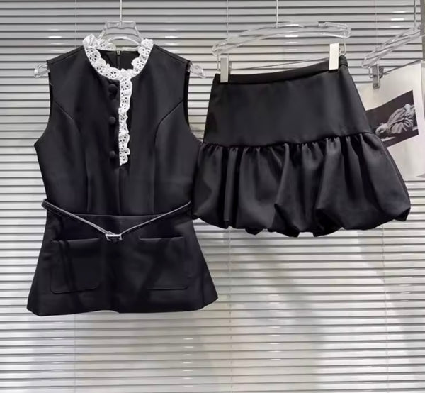 Women Ruffled Button Up Belted Sleeveless Two Piece Skirt Set