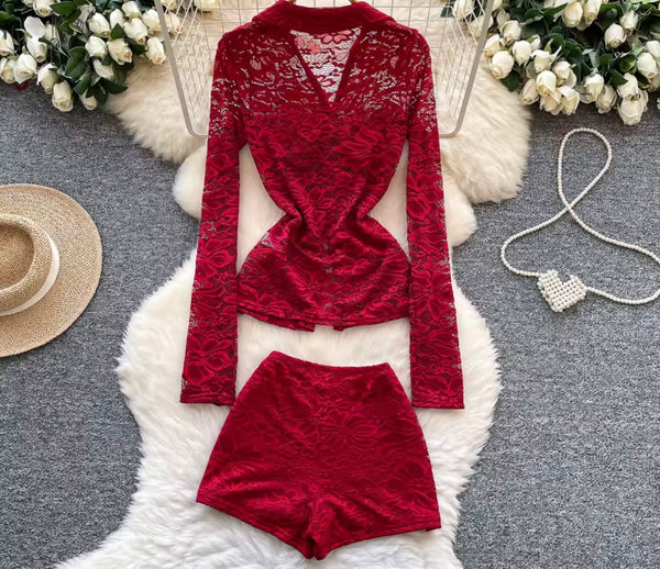 Women Sexy Fashion Lace Full Sleeve Blazer Two Piece Short Set