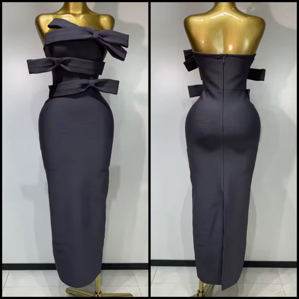 Women Sexy Strapless Gray Bow Tie Maxi Dress