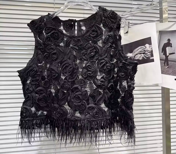 Women Floral Sleeveless Fringe Two Piece Velour Skirt Set