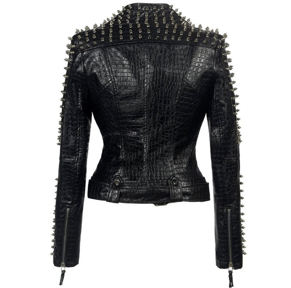 Women Black Rivet Fashion Leather Jacket