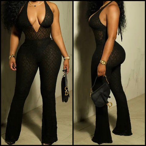 Women Black Halter Sleeveless Lace Sexy Jumpsuit