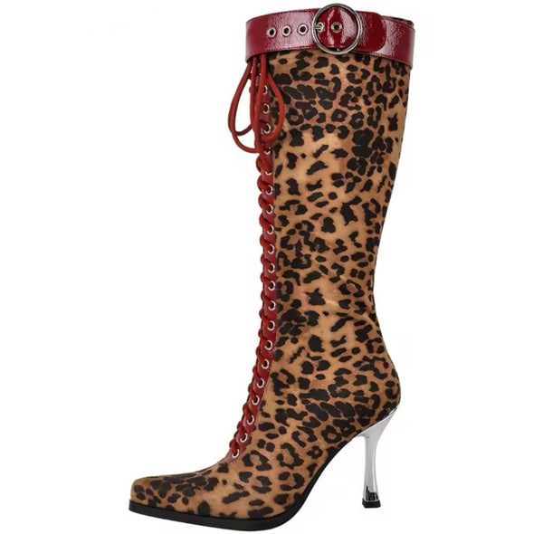 Women Fashion Leopard Suede PU Buckled Knee High Boots