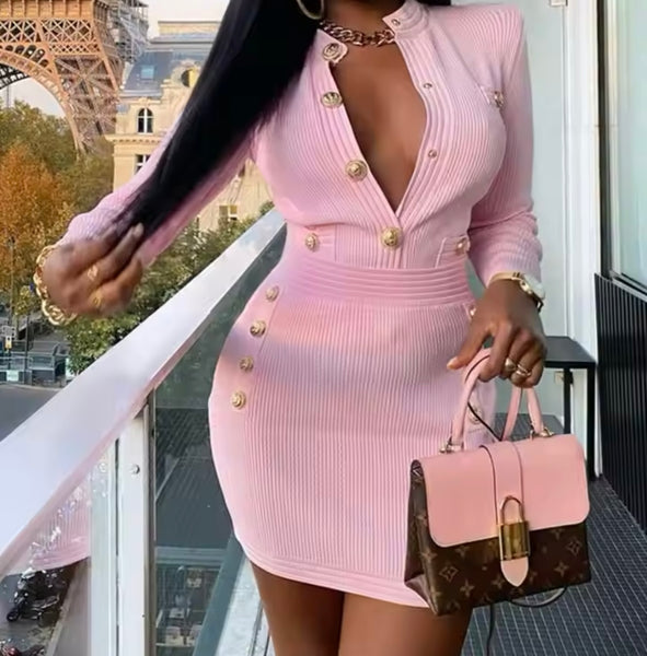 Women Pink Gold Button Full Sleeve Sexy Dress