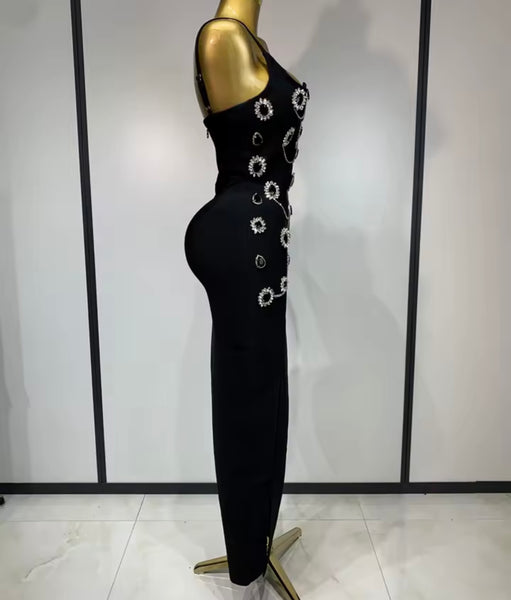 Women Sexy Sleeveless Black Rhinestone Chain Side Split Dress