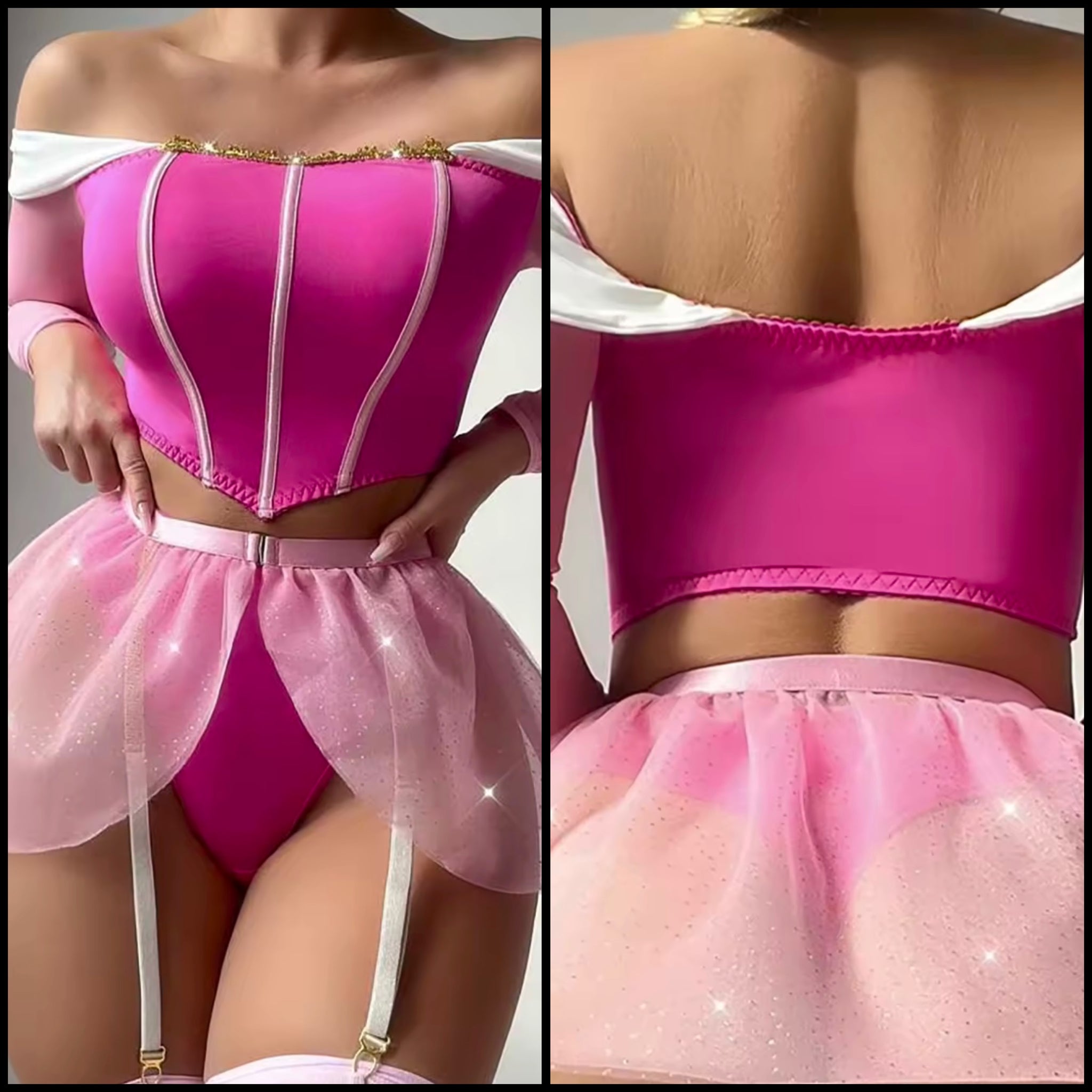 Women Sexy Pink Off The Shoulder Mesh Lingerie Set