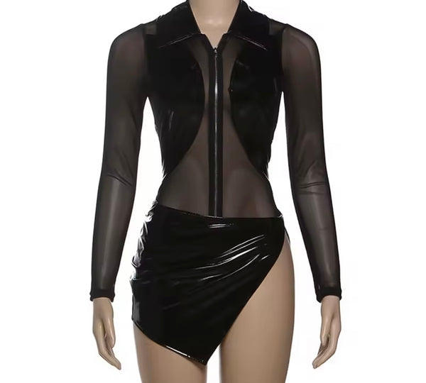Women Sexy Black PU Mesh Zip Up Bodysuit Two Piece Skirt Set