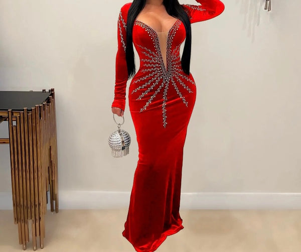 Women Full Sleeve Bling Mesh Patchwork Velour Maxi Dress