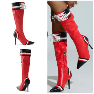 Women Fashion Color Patchwork Striped Tie Up Knee High Boots