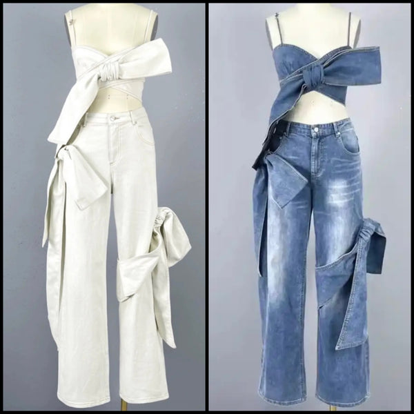 Women Sexy Fashion Sleeveless Tie Up Denim Two Piece Pant Set