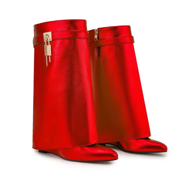Women Fashion Color Metallic Buckled Lock Wedge Boots