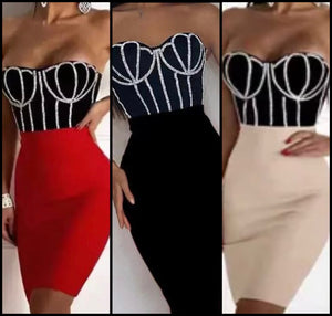 Women Sexy Strapless Rhinestone Patchwork Back Zipper Dress