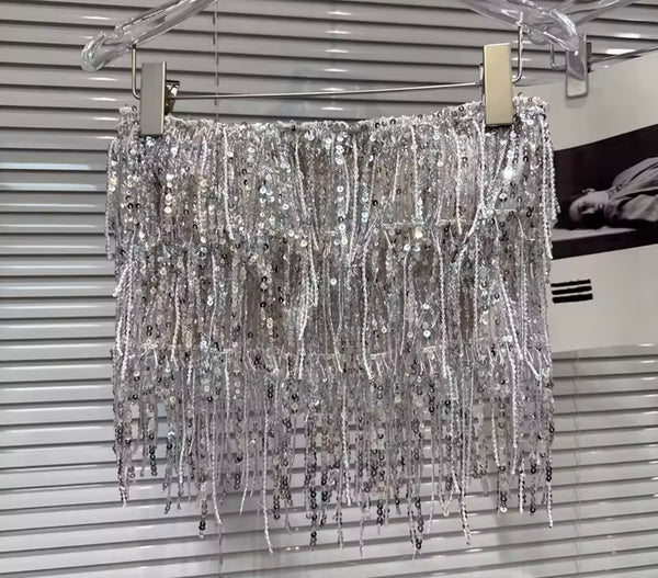 Women Silver Sexy Fringe Tassel Strapless Two Piece Skirt Set