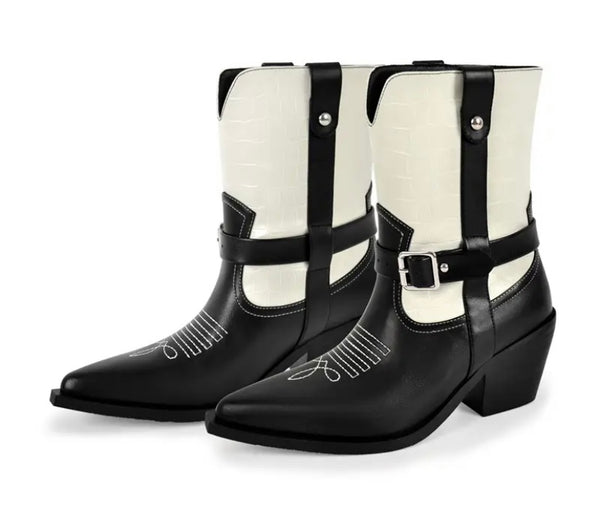 Women Fashion Color Patchwork Faux Leather Buckled Western Ankle Boots